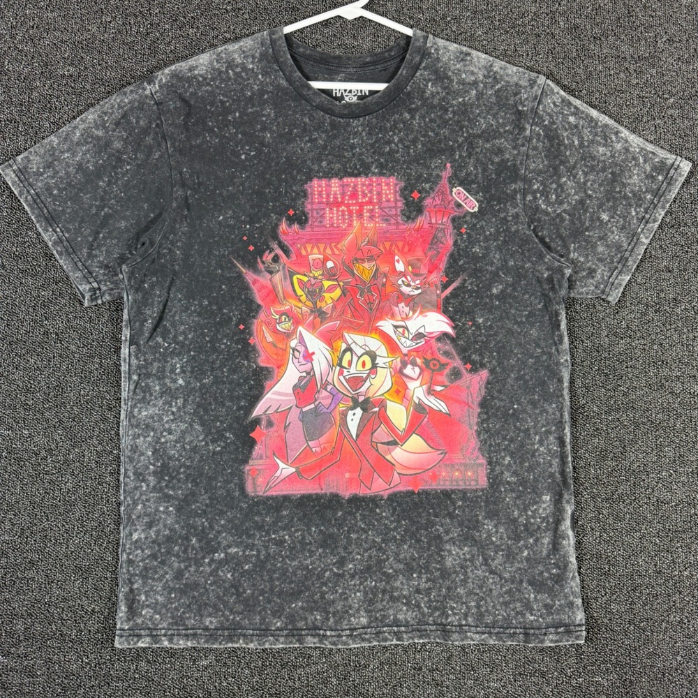 Hazbin Hotel A24 Graphic T-Shirt Men's L Gray Acid Wash Cotton Angel Dust